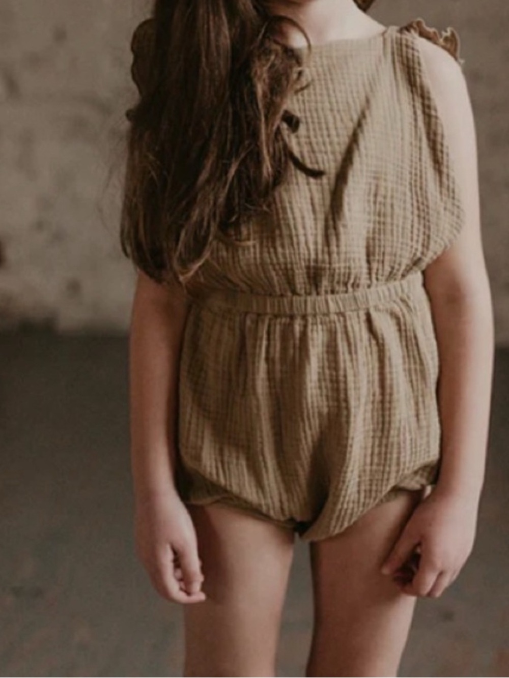 The Simple Folk Ruffle Romper in Sand
